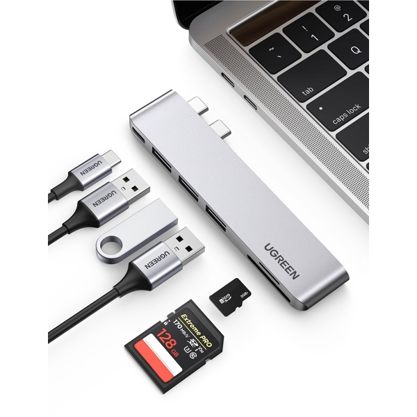 ადაპტერი UGREEN 60560 2xUSB-C to 3xUSB3.0-A+SD+TF+PD Multifunction Adapter Aluminum Shell (Space Gray)