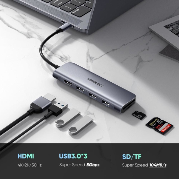 USB ჰაბი UGREEN 70410 USB-C to 3 Ports USB3.0-A Hub + HDMI + TF/SD (Space Gray) EOL