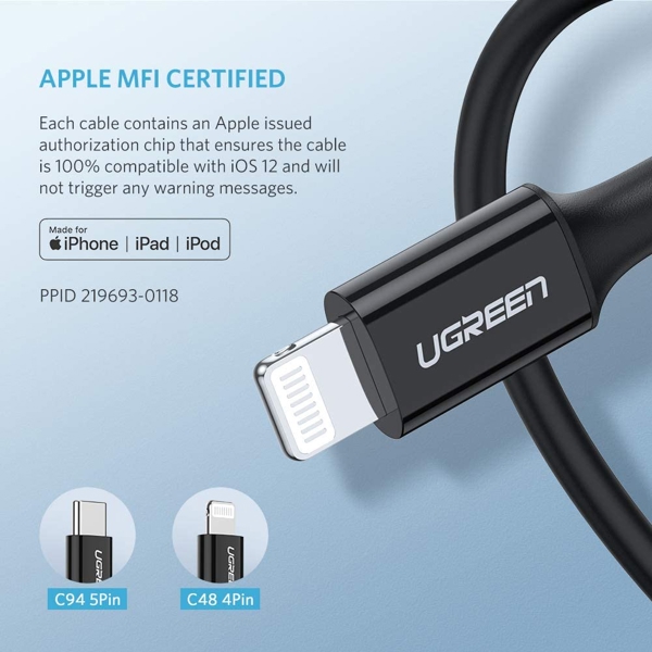 UGREEN 60751, MFi, USB-C to Lightning Cable M/M Nickel Plating ABS Shell 1m (Black)