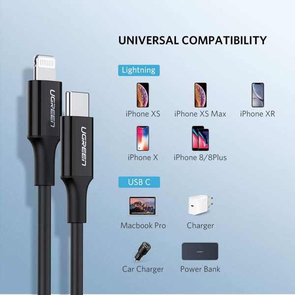 USB-C კაბელი UGREEN 60751, MFi, USB-C to Lightning Cable M/M Nickel Plating ABS Shell 1m (Black)