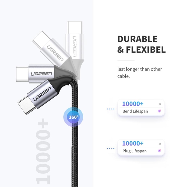 USB კაბელი UGREEN 50152 USB 2.0 C M/M Round Cable Nickel Plating Aluminum Shell 2m (Gray Black)