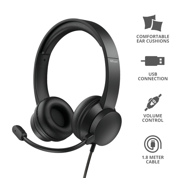 ყურსასმენი TRUST 24133 Rydo On-Ear USB Headset Black