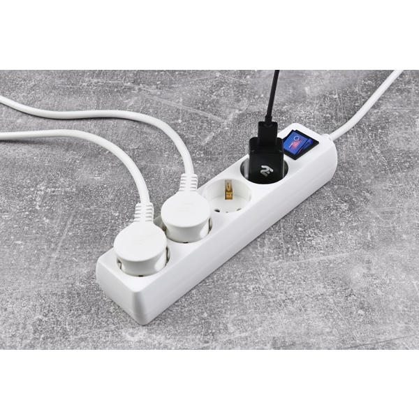 დენის დამაგრძელებელი დამცავით 2E 2E-U04ESM3W Surge protector 4XSchuko with switch, 3G * 1.0mm, 3m White