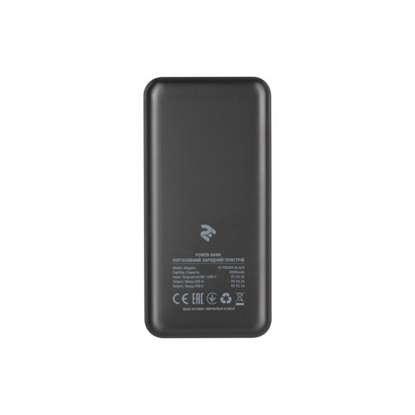 პორტატული დამტენი 2Е PB2004 Power Bank 20000mAh, DC 5V, 2.1A, Type-C, MicroUSB, USB-А Black