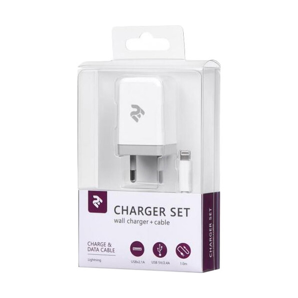 მობილურის დამტენი 2E Wall Charger Set USBx2.1A + Cable Lightning, 2.4A, 1M, White