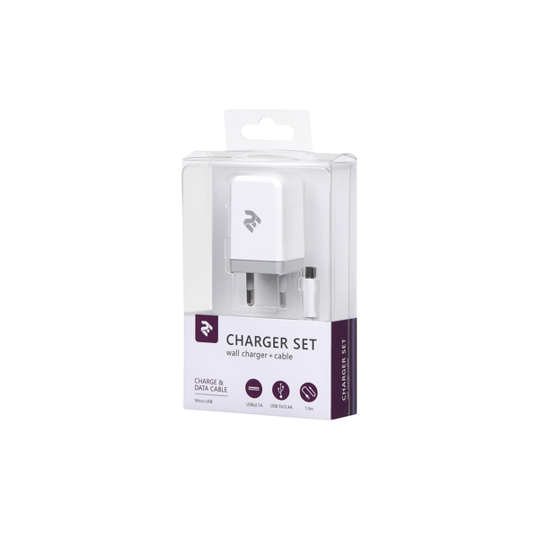 მობილურის დამტენი 2E Wall Charger Set USBx2.1A + Cable MicroUSB, 2.4A, 1m, White