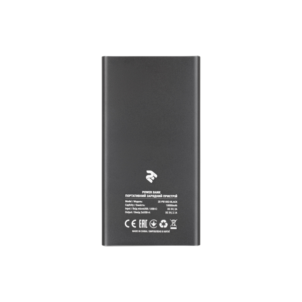 პორტატული დამტენი 2E PB1002 Power Bank 10000mAh, Metal surface, DC 5V, 2.1A, Black