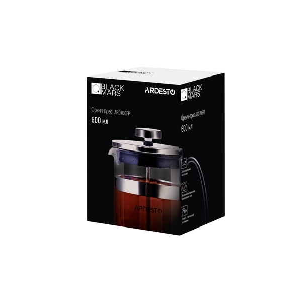 ჩაიდანი Ardesto AR0706FP French press Black Mars, 600 ml, Stainless Steel, Glass