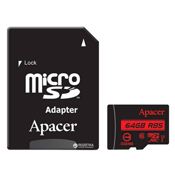 მეხსიერების ბარათი Apacer AP64GMCSX10U5-R 64GB microSDXC C10 UHS-I R85MB/s + SD