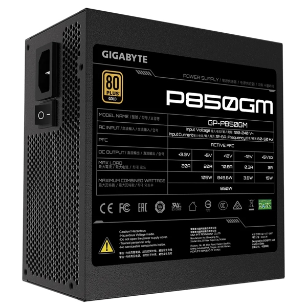 GIGABYTE GP-P850GM PSU P850G (850W) 80+GOLD, aPFC, 12см,20+4, 2*4+4, 8*SATA, 4*PCIe 4,modular
