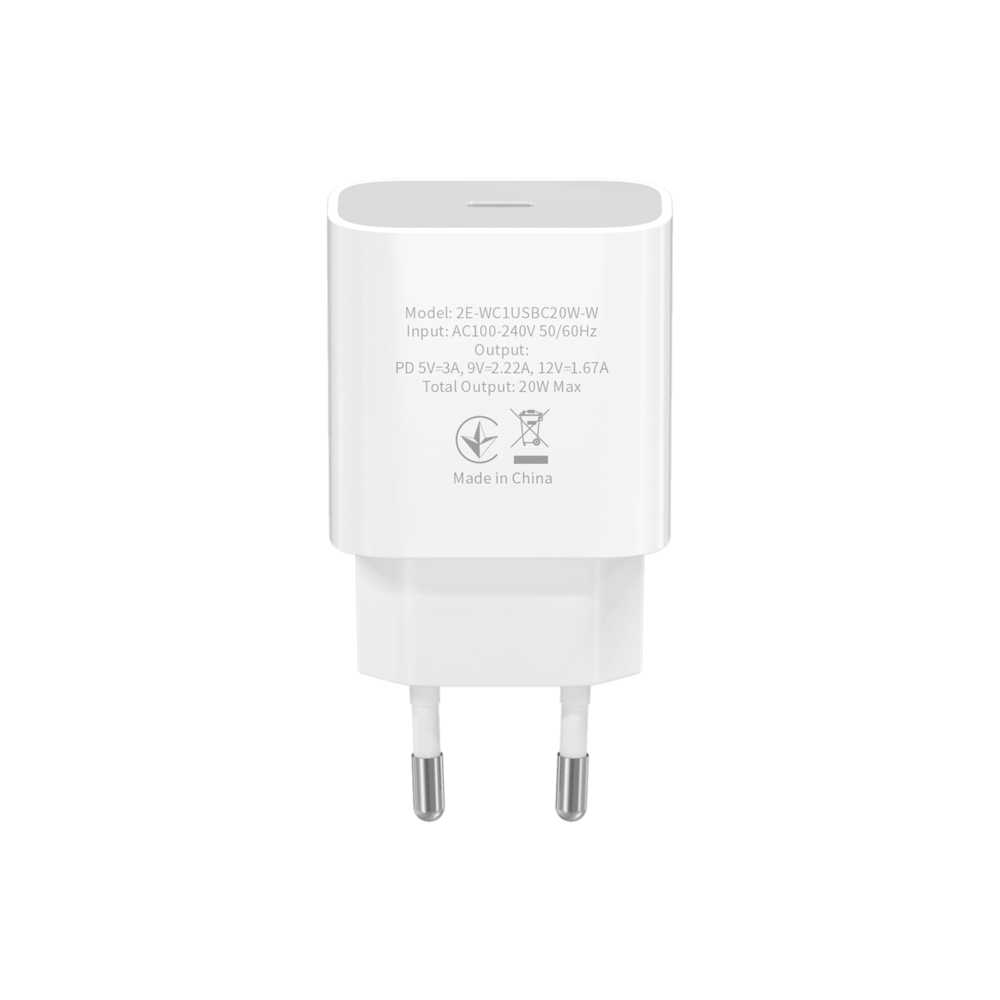 მობილურის დამტენი 2Е WC1USBC20W-W Wall Charger USB-C PD3.0 DC5V/3A, Max 20W White
