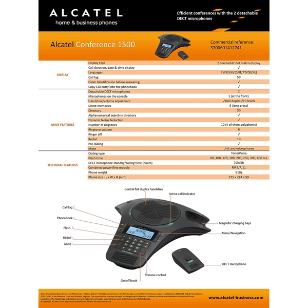 საკონფერენციო ტელეფონი Alcatel Conference 1500 with 2 Detachable DECT Wireless Microphones Black