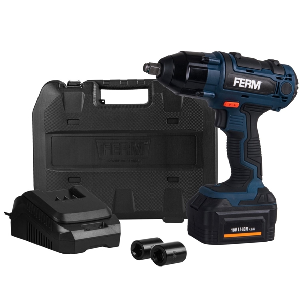 ქანჩსახრახნი FERM CDM1127 Cordless Li-Ion Impact Wrench with 2 Sockets/Battery and Charger, 18 V, Blue