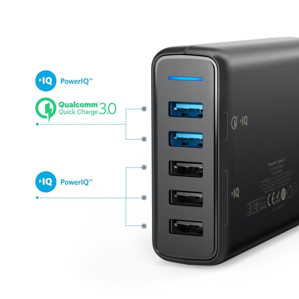 პორტატული დამტენი Anker A2054L12 PowerPort 5 with Dual Quick Charge 3.0 Black