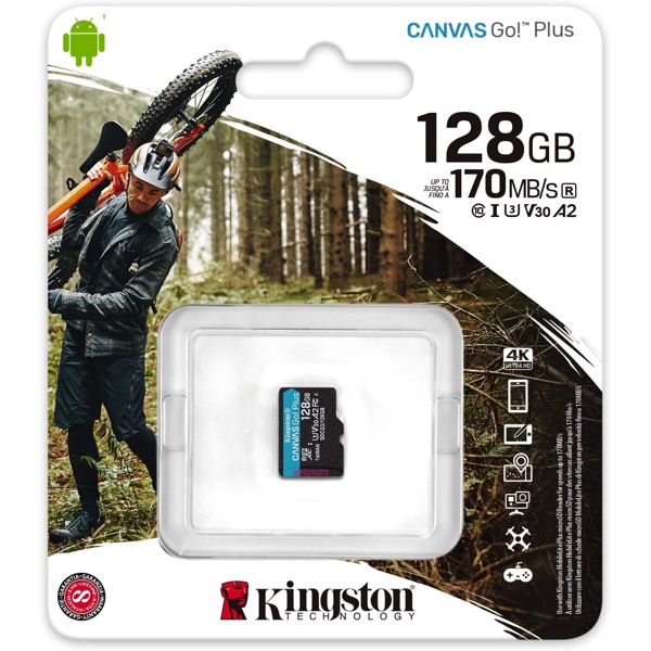 მეხსიერების ბარათი Kingston SDCG3/128GBSP 128GB microSDXC C10 UHS-I U3 A2 R170/W90MB/s Canvas Go Plus