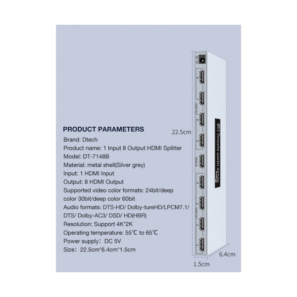 სპლიტერი D-TECH DT-7148B 4Kx2k, 8 ports, HDMI, 1x8, Silver/Grey