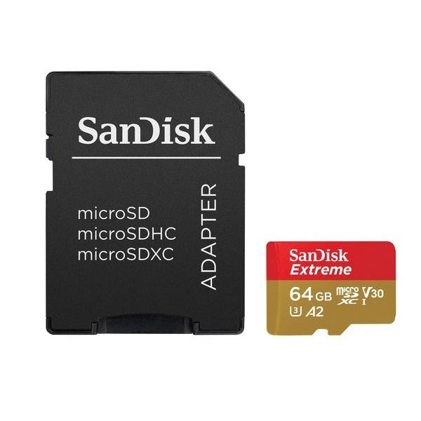  მეხსიერების ბარათი SanDisk Extreme V30 MicroSD 64GB With Adapter Red/Gold