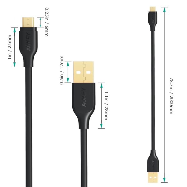 USB კაბელი Aukey CB-MD2 Gold-Plated Quick Charge Micro USB Cable 2m Black