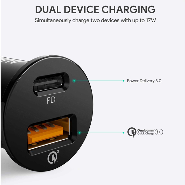 მანქანის დამტენი Aukey CC-Y11 Car Charger PD, QC 3.0, 21W, Black