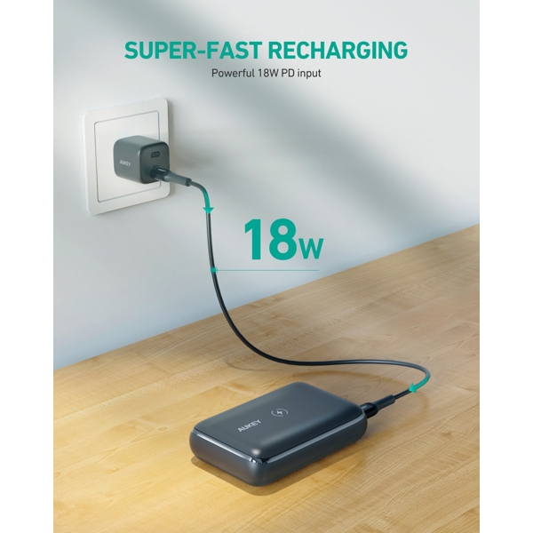 პორტატული დამტენი Aukey PB-WL01S Basix Pro Mini Wireless Charging Power Bank 10000mAh, 20W, Black