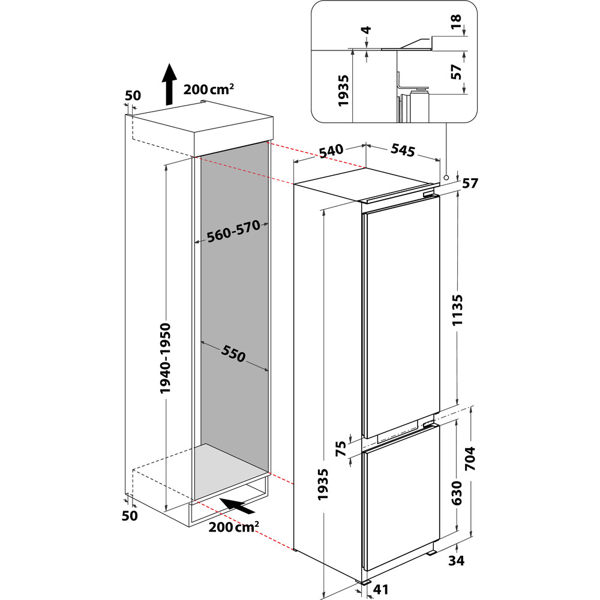 ჩასაშენებელი მაცივარი Whirlpool WHC20 T352 built In Fridge Freezer Total No Frost, 280L, A++, 32 dB, White