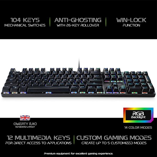 კლავიატურა Mediarange MRGS101, Mechanical Gaming Keyboard, RGB, USB, Black