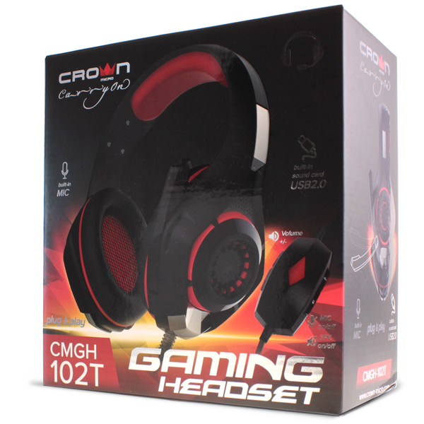 ყურსასმენი Crown Micro CMGH-102T Gaming USB (built-in 2.0sound card) Cable 2.1m Black/Red