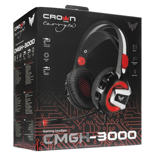 ყურსასმენი Crown Micro CMGH-3000 Gaming, 3.5mm 4pin+USB, Cable 3.2m Red