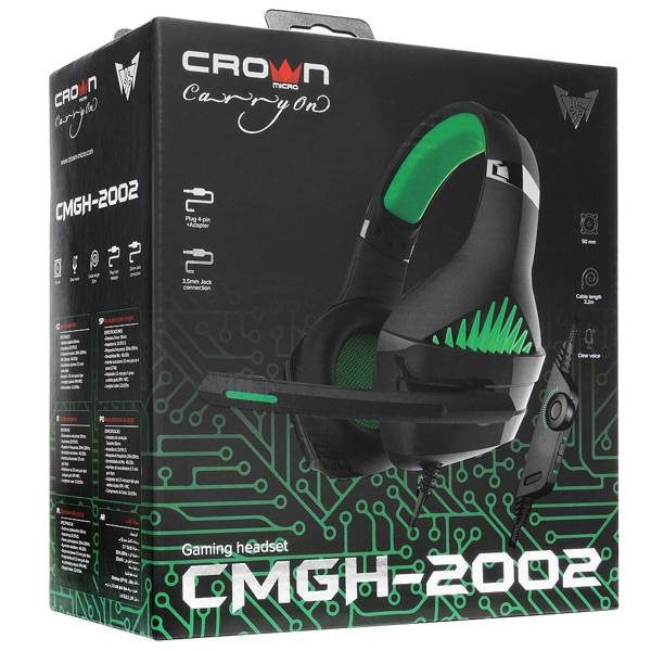 ყურსასმენი Crown Micro CMGH-2002 Gaming, 3.5mm, Cable 3.2m Green