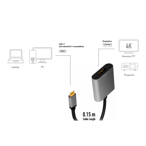 ადაპტერი Logilink CUA0103, USB 3.2 Gen1, USB-C to DP, 4K, black/grey