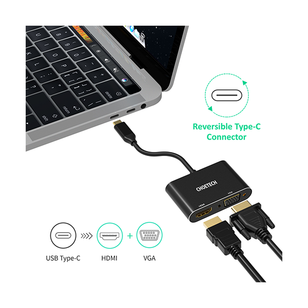 ადაპტერი Choetech HUB-M17, USB-C to HDMI+VGA Adapter, Black