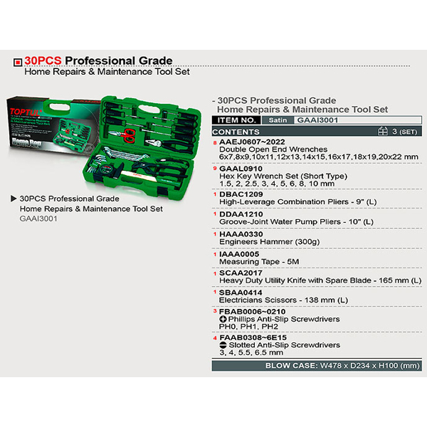 ხელსაწყოების ნაკრები Toptul GAAI3001, 30 Pcs Tool Set, Green