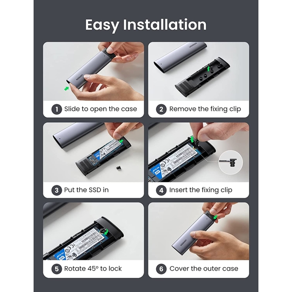 მყარი დისკის ქეისი UGREEN (10903) M.2 SATA NGFF SSD Enclosure, Aluminum USB 3.1 Gen 2 to B-Key 6Gbps with External UASP Solid State Drive Enclosure