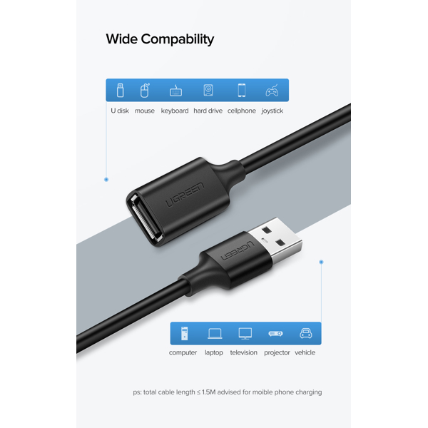 USB დამაგრძელებელი UGREEN 10316 USB 2.0 Type A Male to Type A Female Extension Cable 2m (Black)