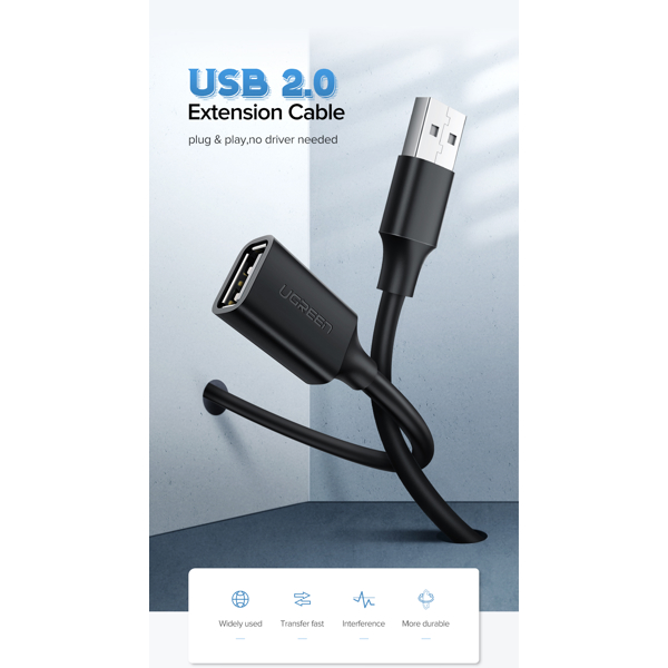 USB დამაგრძელებელი UGREEN 10316 USB 2.0 Type A Male to Type A Female Extension Cable 2m (Black)