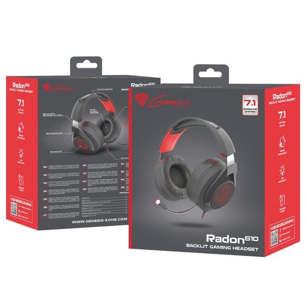  ყურსასმენი Genesis Radon 610 Gaming Headest 7.1 surround (virtual) USB Black/Red