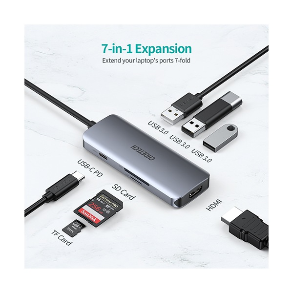 ადაპტერი Choetech HUB-M19, USB-C to HDMI, Multiport Adapter, Silver