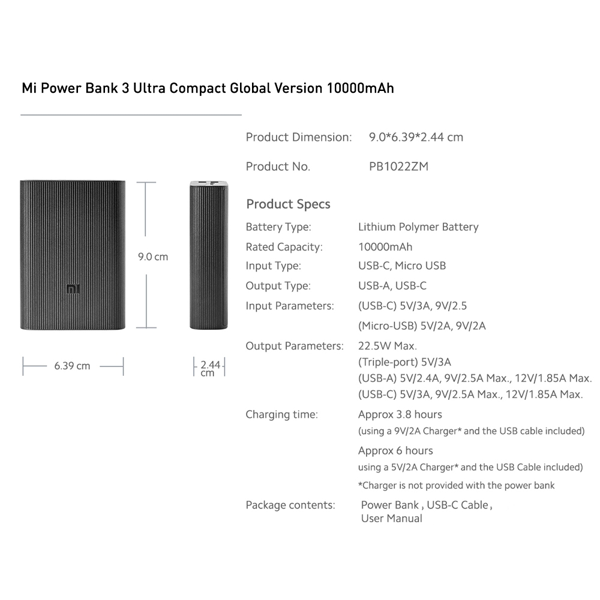 Xiaomi Mi BHR4412GL 10000mAh Power Bank 3 Ultra Compact Black