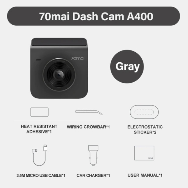 მანქანის ვიდეო რეგისტრატორი Xiaomi 70mai Dash Cam A400 Black+Rear Cam RC09 Set Gray