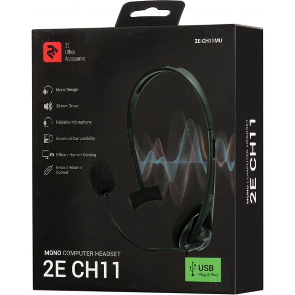 USB ყურსასმენი 2E CH11MU, Mono Headphones, Wired, Black