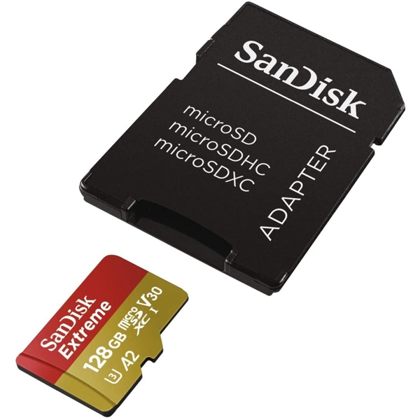 მეხსიერების ბარათი SanDisk SDSQXA1-128G-GN6AA Extreme Memory Card 128GB With Adapter, Red/Gold