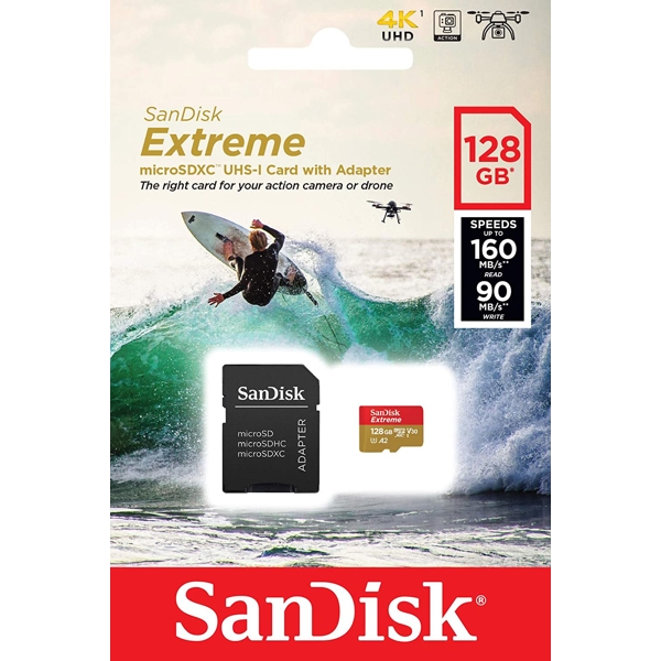 მეხსიერების ბარათი SanDisk SDSQXA1-128G-GN6AA Extreme Memory Card 128GB With Adapter, Red/Gold