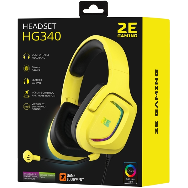 ყურსასმენი 2E HG340 Wired, Gaming Headset  RGB, 3.5mm, Yellow