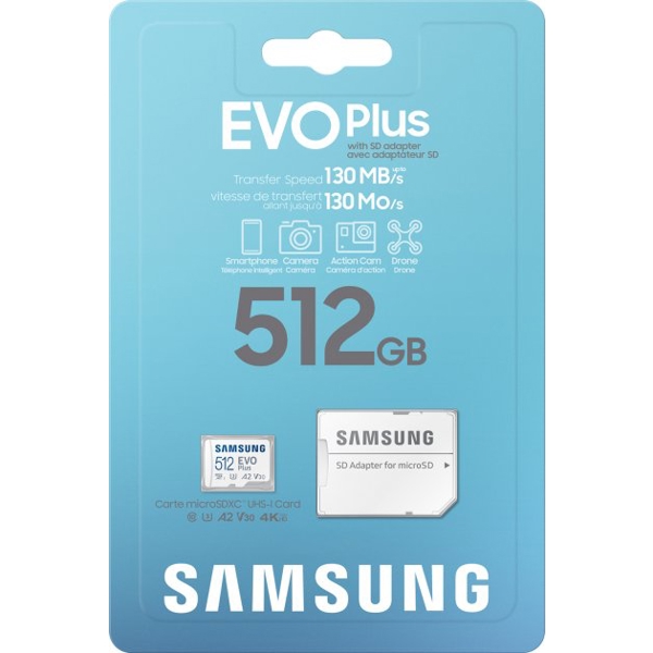 მეხსიერების ბარათი Samsung MB-MC512KA/RU, 512GB MICROSDXC, UHS-I CLASS 10+SD ADAPTER 