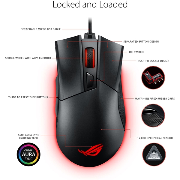 მაუსი Asus  P504 Rog Gladius II Origin, Gaming Maouse, Wired, black