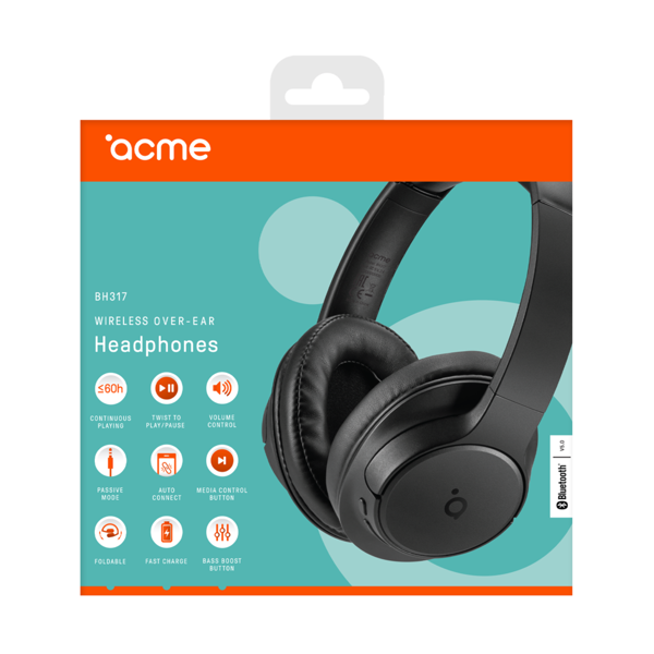 ACME BH317, Wireless Headphones, Bluetooth, 3.5mm AUX, Black