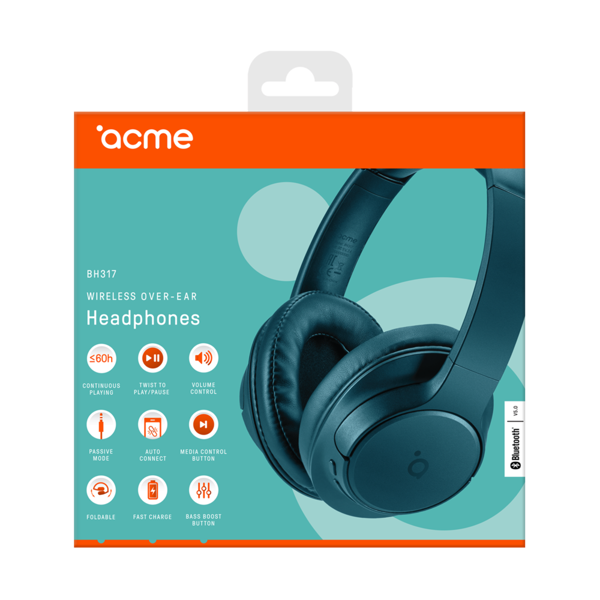 ყურსასმენი ACME BH317, Wireless Headphones, Bluetooth, 3.5mm AUX, Teal