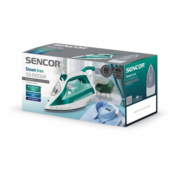 ორთქლის უთო Sencor SSI 6100GR 2600W, 470ML, Steam Iron, Green