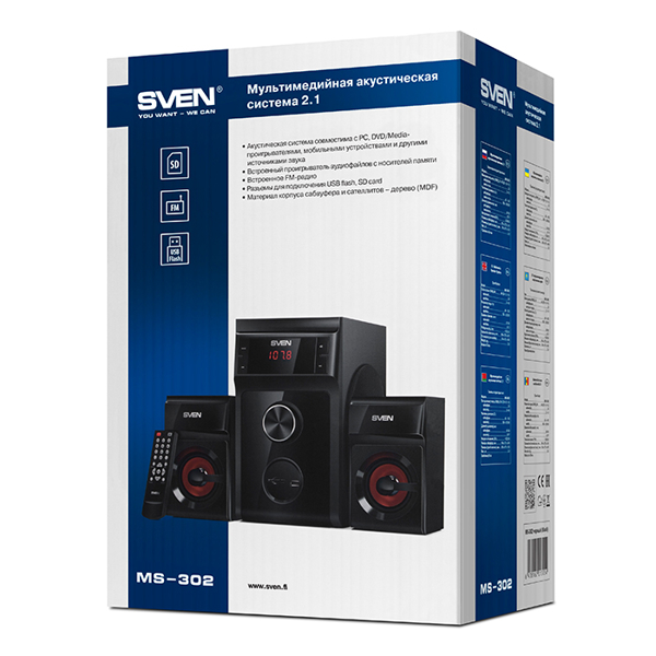 დინამიკი Sven MS-302, Wired Speaker, LED-display, USB Flash, SD, FM, Black