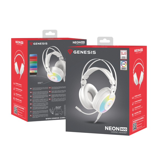 ყურსასმენი Genesis NEON 600, RGB, 3.5mm Jack, Wired, Gaming Headest, White